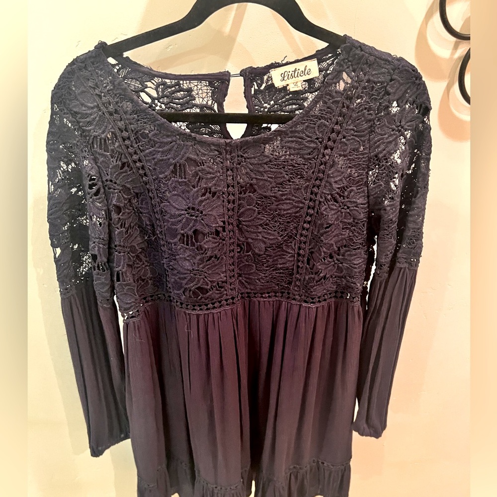 Long sleeve lace blue dress.